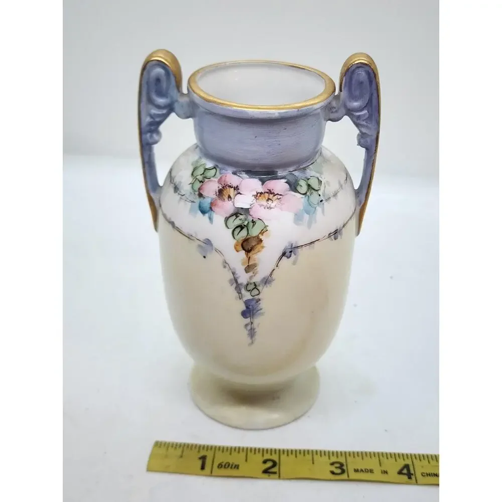 Antique Nippon Noritake Hand Painted Floral Vase Gold Trim Twin Handle 6